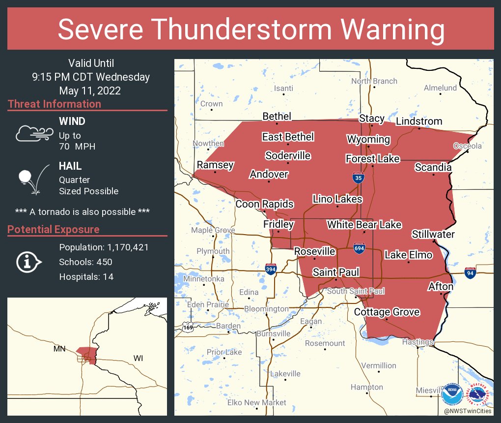 Severe Thunderstorm Warning including Saint Paul MN, Woodbury MN and  Coon Rapids MN until 9:15 PM CDT. This storm will contain wind gusts to 70 MPH!