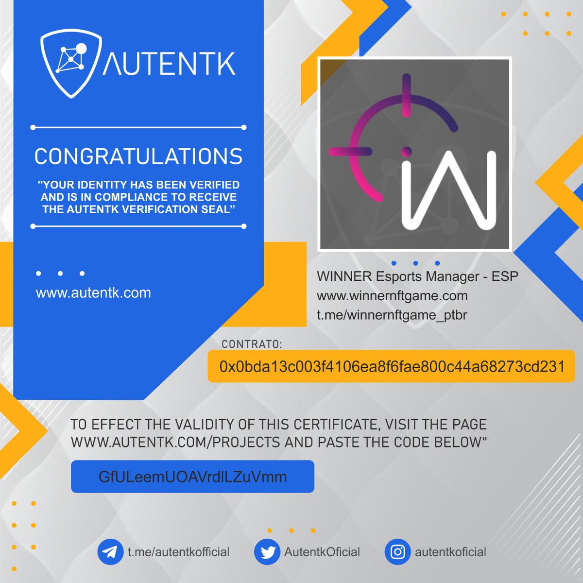 AutentkOficial's tweet photo. #AUTENTK - verified identity 

https://t.co/UQZwk4JegY

Projeto: WINNER Esports Manager 
Sigla: ESP
Contrato: 0x0bda13c003f4106ea8f6fae800c44a68273cd231

https://t.co/qOrVd91nxl

@winnernftgame https://t.co/5WvTxrehpe