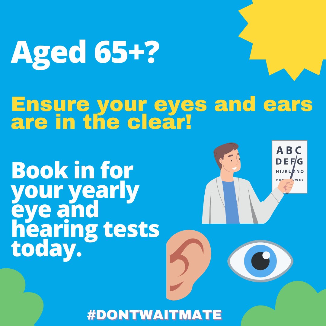 Know_Pathology's tweet image. Are you aged 65+? Ensure your eyes and ears are in the clear! It is recommended that everyone aged 65+ goes for an eye and ear test every 12 months. Both tests are quick, easy, and straightforward! Book in today.
#DontWaitMate