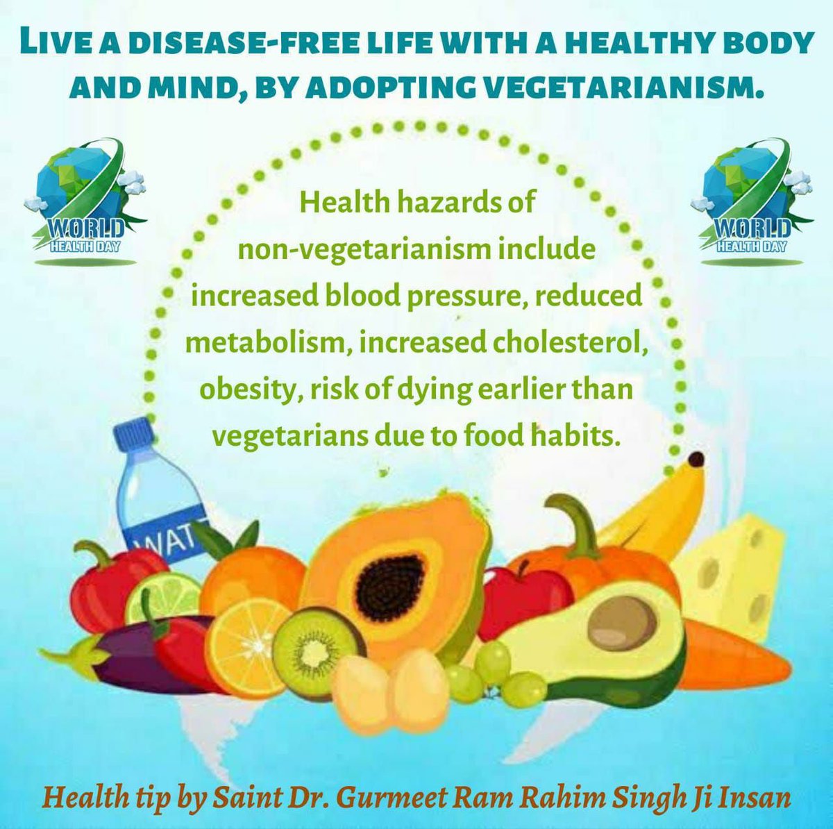 ThisIsMohit777's tweet photo. A well balanced (diet) is necessary for a healthy body. Vegetarian food has a great importance. Dera Sacha Sauda has always emphasized upon vegetarian food!
A VEGETARIAN DIET plays an important role in building immunity. So stay healthy by adopting vegetarianism!

#BeVegetarian https://t.co/nKGet7SqmS