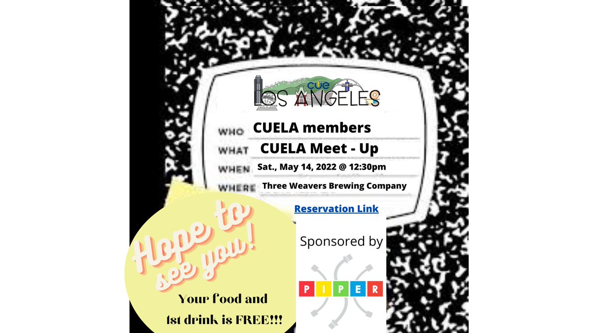 cuelosangeles's tweet photo. Don't forget to register for your CUELA Meet Up this weekend.  Although we don't mind if CUELA members show up without registering, it would be really helpful if you can register with the Eventbrite link.  It has been sent via email but just ask for the link if you can't find it. https://t.co/Nr5TTW27ZJ