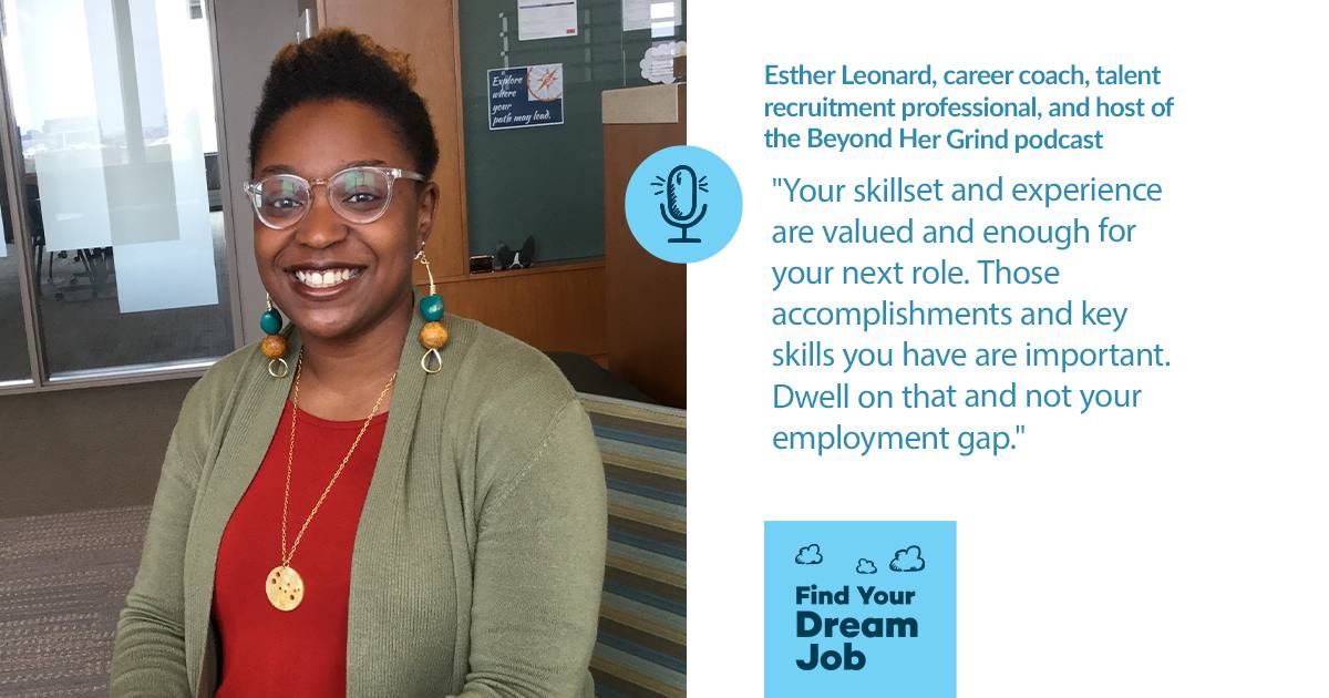 Mac_Prichard's tweet photo. The COVID pandemic has made resume gaps more common! The key to communicating these gaps is to be honest and share any skills you built during your absence from the workforce, says "Find Your Dream Job" #CareerPodcast guest @estherleonard. https://t.co/yGeIMmS38h https://t.co/eg1FFkgvBn