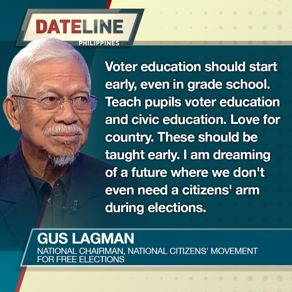 ANCALERTS's tweet photo. NAMFREL National Chairman Gus Lagman says voter education should be taught early to empower young Filipinos once their time to vote comes.
#ANCSoundbytes

WATCH: https://t.co/YiA22iawFC https://t.co/m2NEuyFv17
