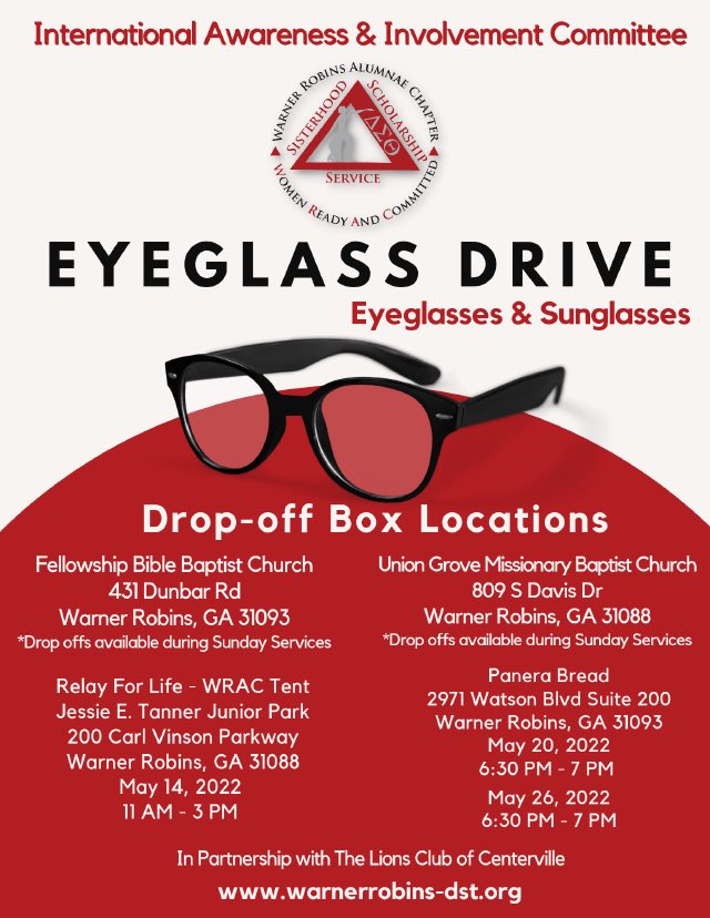 wracdst's tweet photo. The International Awareness and Involvement Committee of Warner Robins Alumnae Chapter will host an Eyeglass Drive during our #MayWeek activities. This project is in collaboration with the Lions Club of Centerville, Georgia. Please see the flyer for details.
#DST1913 #DSTWRAC https://t.co/ngPuDTsjfE