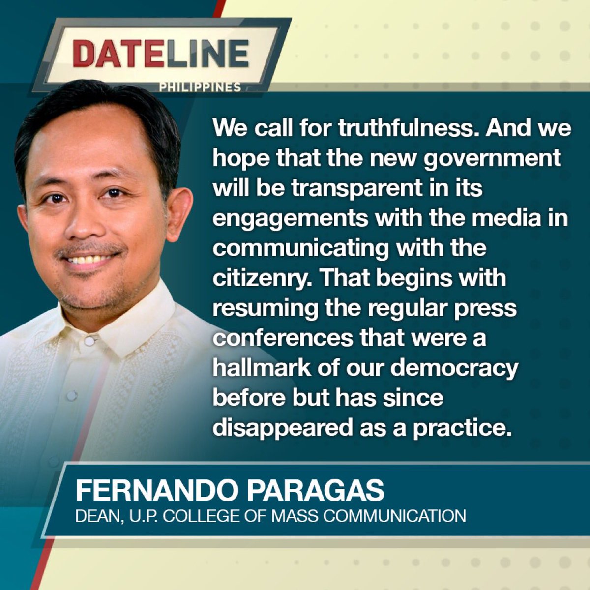 ANCALERTS's tweet photo. The Dean of the U.P. College of Mass Communication calls on the next administration to be more transparent with the media.
#ANCSoundbytes

WATCH: https://t.co/bdAhLP4Khy https://t.co/k77pwIaWwL