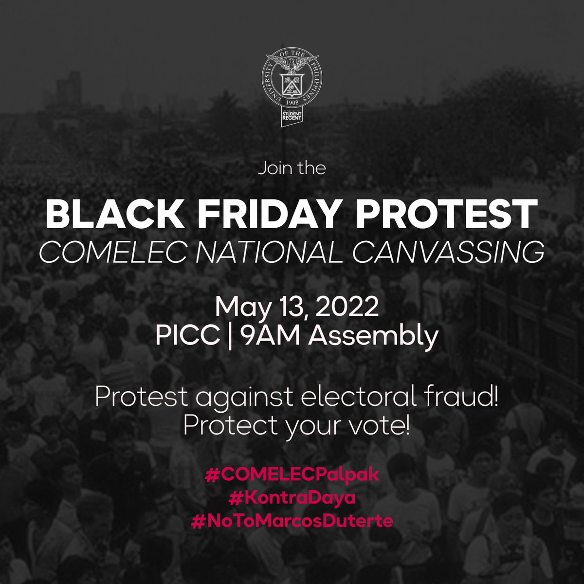 uposr's tweet image. Itakwil ang maduming halalan!
Itakwil ang panunumbalik ng rehimeng Marcos-Duterte! 
Ipaglaban ang tunay na pagbabago! 

BLACK FRIDAY PROTEST, May 13 – PICC!

Isama ang mga kaibigan, kapamilya, at mga kakilalang nagmamahal sa bayan! 

WEAR BLACK!

#KontraDaya
#NoToMarcosDuterte