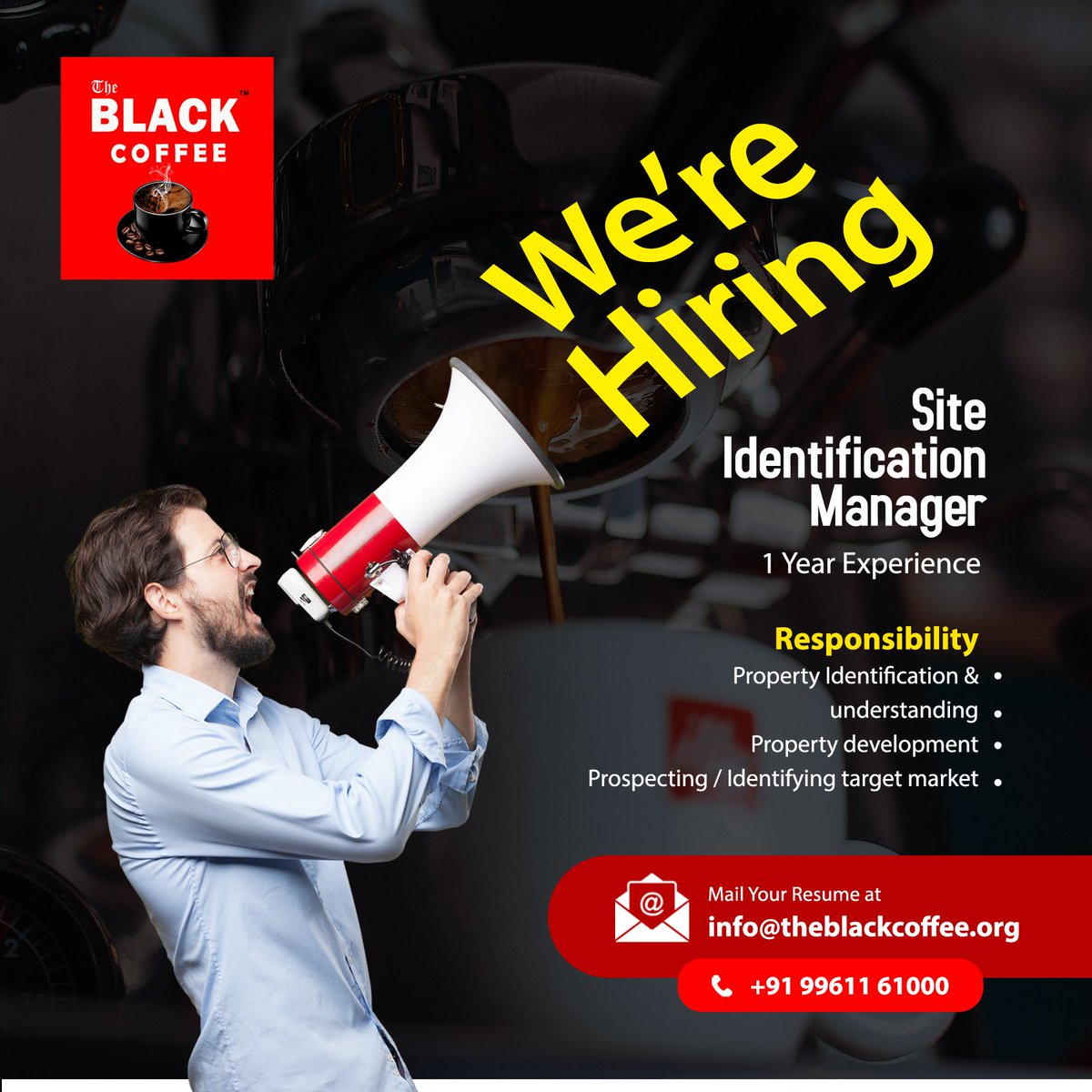 We're Hiring..
Join the team of The Black Coffee..
We are looking for talented and experienced person for our immediate opening..
Site Identification Manager-1 year experience.

#NowHiring  #recruiting #career #careers #hiringnow #work #jobseekers #resume #jobopening #business
