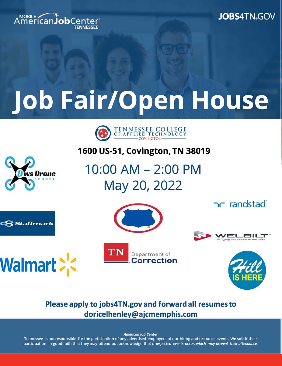 AJC_GMemphis's tweet photo. TCAT Covington Job Fair/Open House on Friday, May 20. Doricelhenley@ajcmemphis.com is your contact person. #ajcgreatermemphis #greatermemphis #bridgingthegapthroughaccess @tipton_tn https://t.co/JFKK3RAkp7