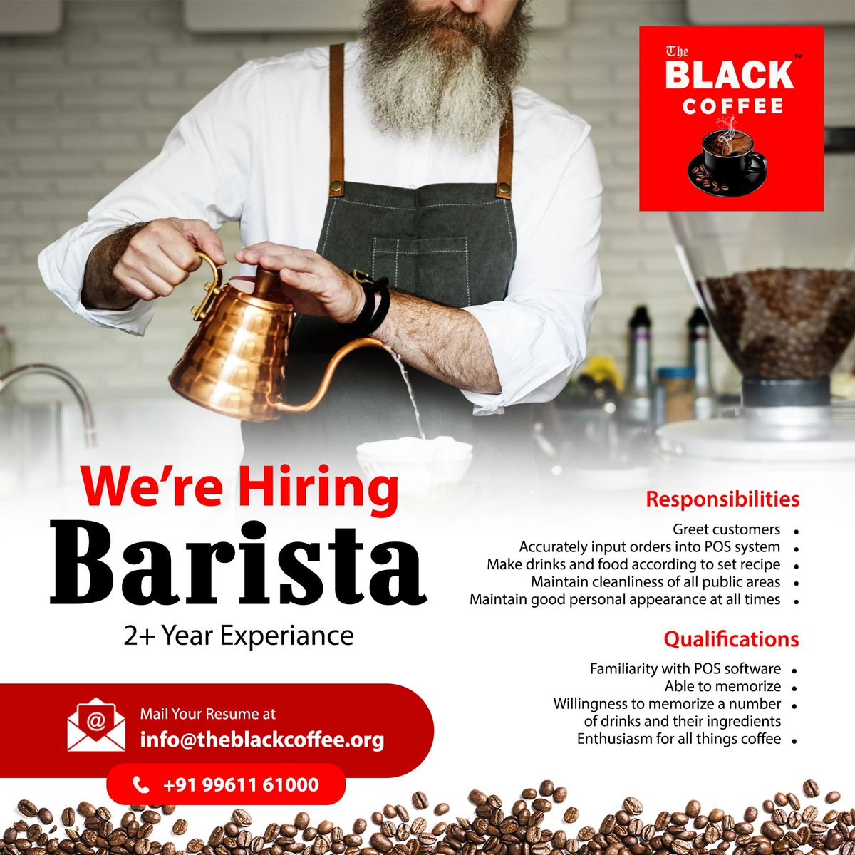 We're Hiring..
Join the team of The Black Coffee..
We are looking for talented and experienced person for our immediate opening..
Barista-2+ year experience.

#NowHiring  #recruiting #career #careers #hiringnow #work #jobseekers #resume #jobopening #business