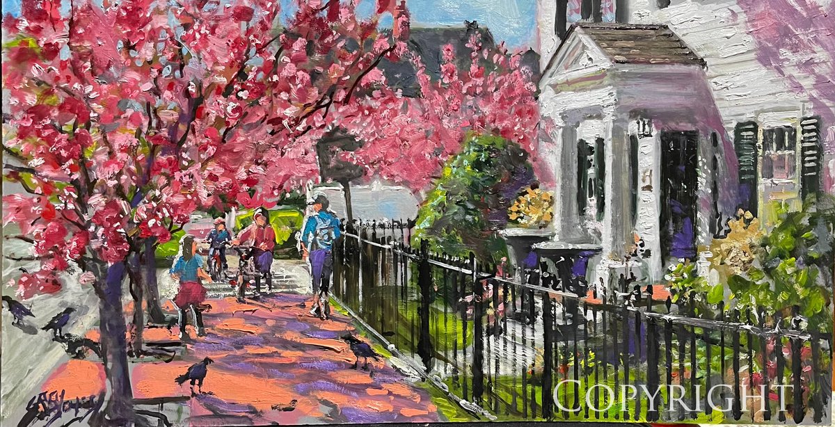 RichBurkeJones's tweet photo. It was a beautiful May - The flowering trees and the rich red colors needed to be put down on canvas. This corner of High Street and Jefferson Street in Newburyport, MA  is only a block away from where I grew up -Carpe Diem! oil 14x 24” Richard Burke Jones https://t.co/JcrJTdGzUf