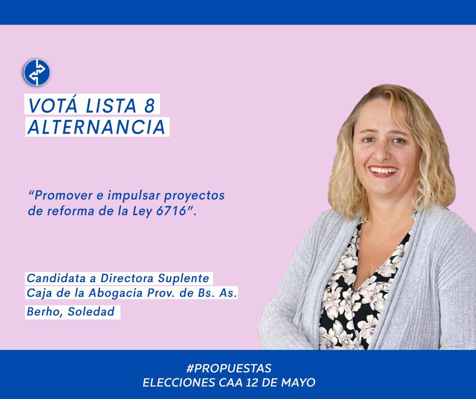 L8Alternancia's tweet photo. Candidata a Directora Sup. de la Caja de Abogacía Prov. de Bs. As. 
👉 BERHO Soledad
🗳Lista 8 Alternancia #Lista8alternancia #caa2022 #propuestas https://t.co/ELeeMNqvp4