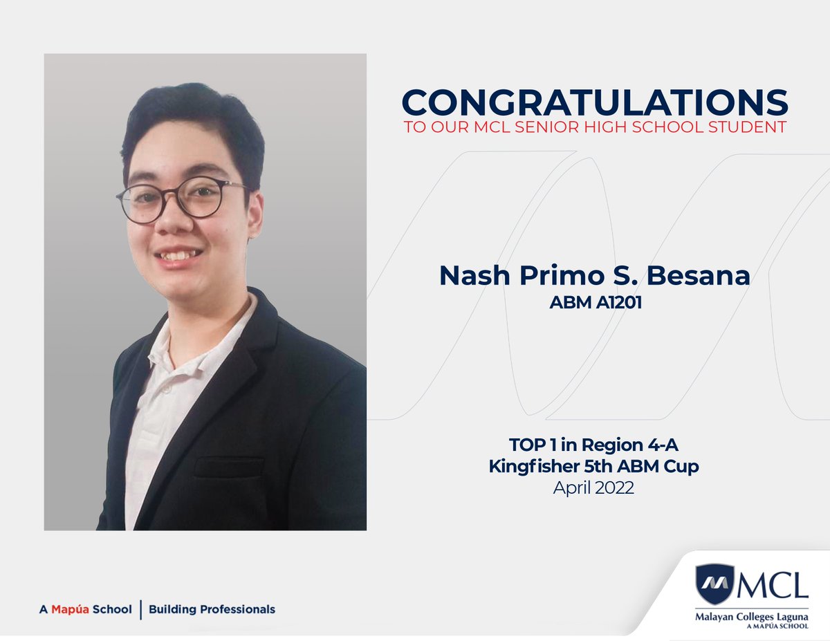 MapuaMCL's tweet photo. Congratulations to Nash Primo Besana for placing as the Top 1 in Region 4-A and making it to the finals in the Kingfisher 5th ABM Cup!

Kudos as well to these MCL ABM students: 

Julliane Chavez
Jayverson Dacumos
Rianna Garcia
Joyce Anne Umandap

#ProudMalayan https://t.co/WhkUjrwDIx