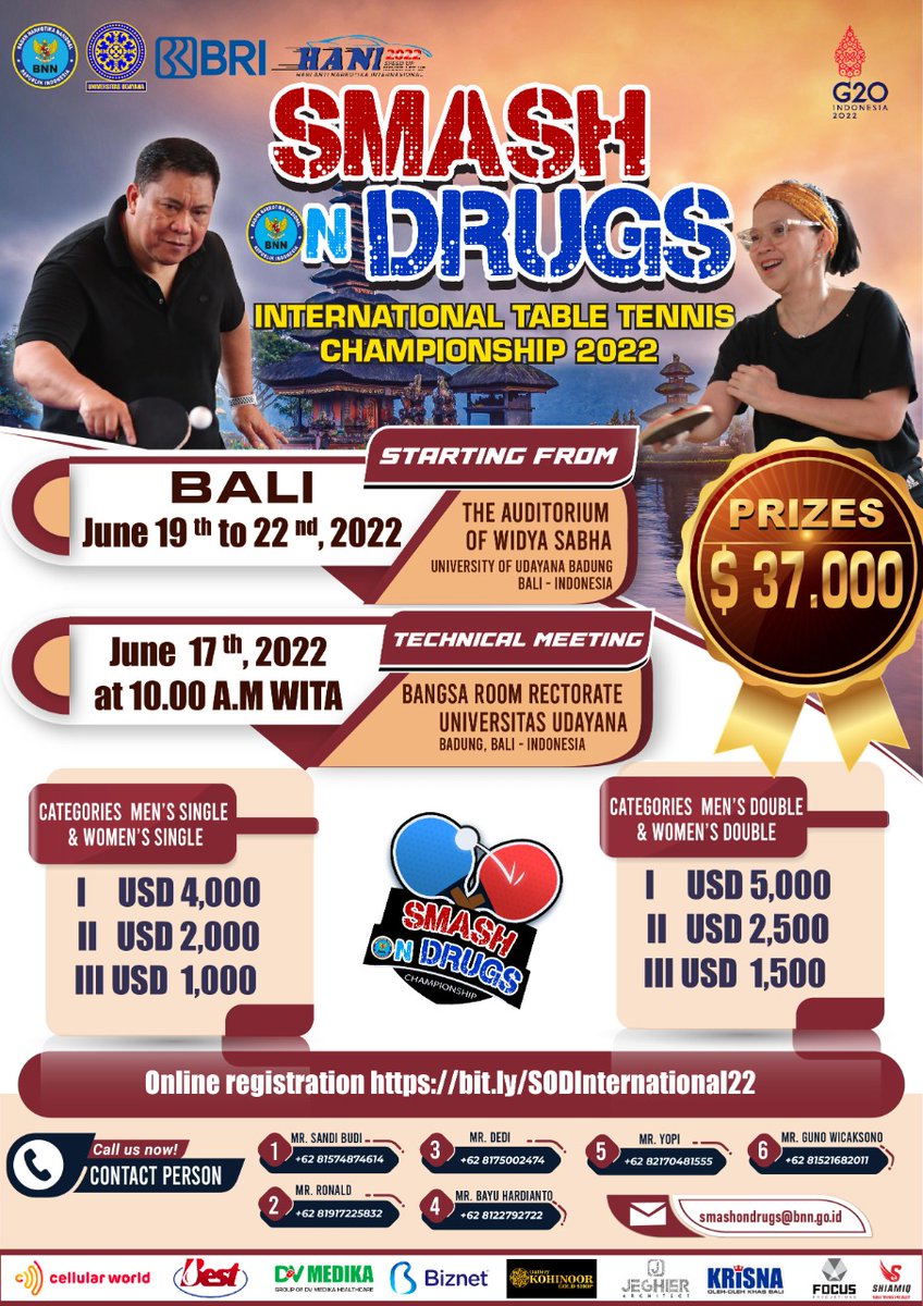 INFOBNN's tweet photo. Dalam rangka menyambut Hari Anti Narkotika Internasional 2022, BNN RI menggelar pertandingan Smash On Drugs International Table Tennis Championship 2022 yang akan dilaksanakan pada Tanggal 19-22 Juni 2022.
https://t.co/kzuTXBRAwl https://t.co/FKvDznriIi