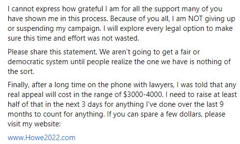 JonathanCHowe's tweet photo. Today the same court that threw out NY's election maps as gerrymandered threw out all 1000+ signatures my campaign has gathered so far. My full statement is attached below.

We need to appeal this, and I need to raise funds to do so. Please donate at https://t.co/rWQLXzWUdQ https://t.co/4r4CQZcbgx