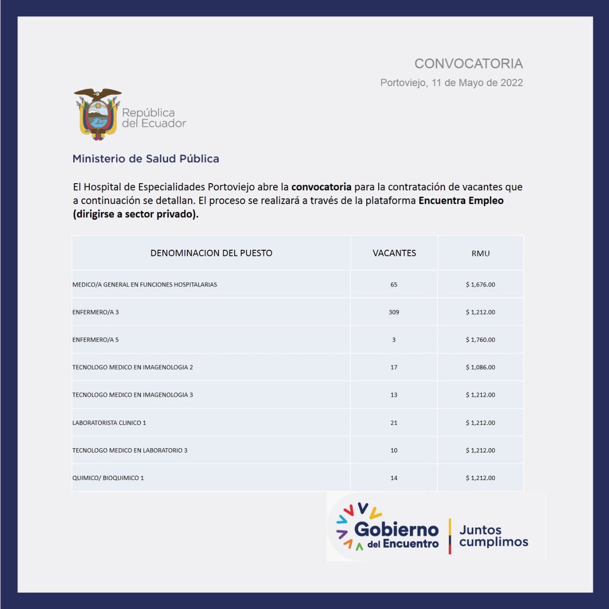 HEP_DPSM's tweet photo. 📍El Hospital de Especialidades Portoviejo abre la convocatoria para la contratación de vacantes que a continuación se detallan. El proceso se realizará a través de la plataforma Encuentra Empleo (dirigirse a sector privado) https://t.co/YxKIN8LuIb