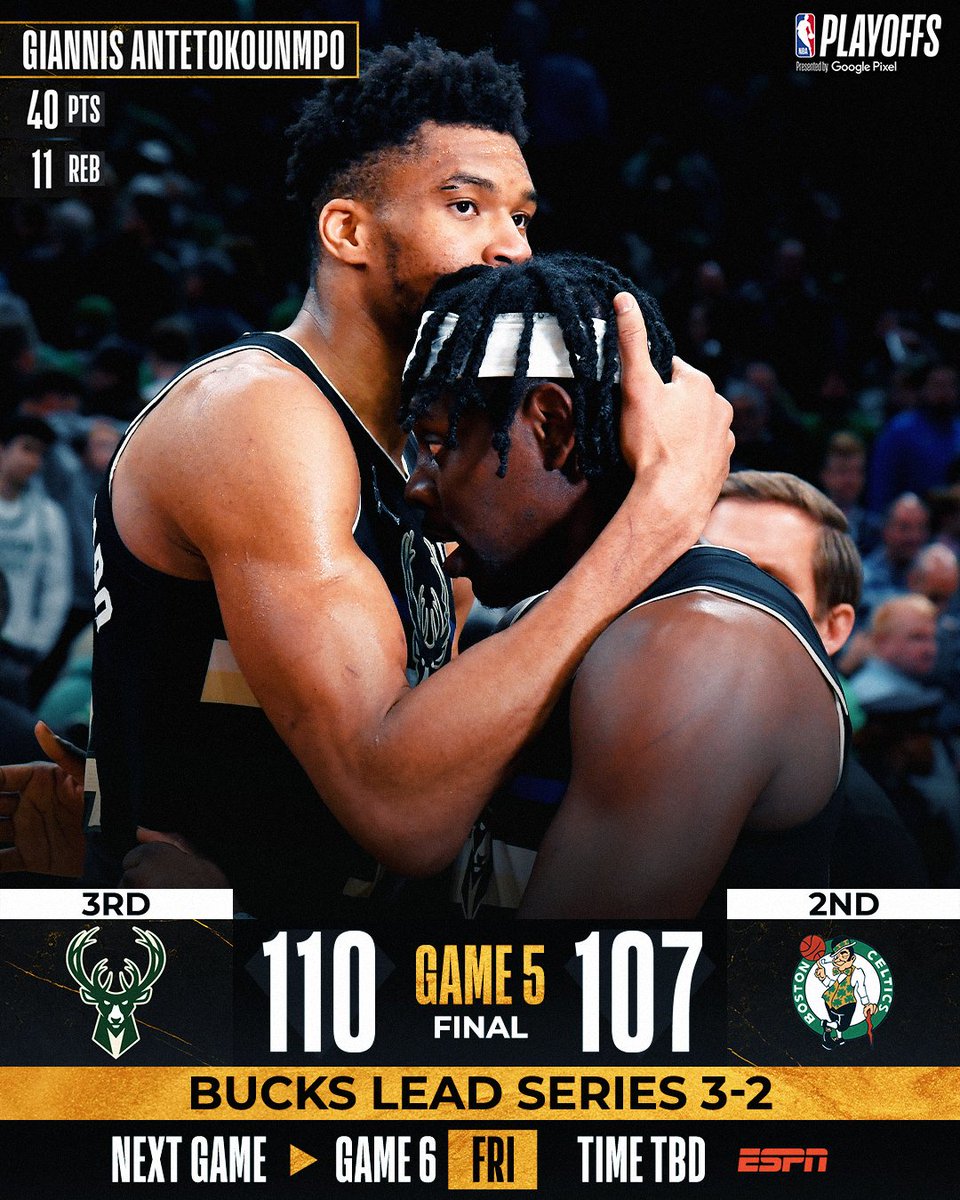 NBA (@nba) on Twitter photo ๐ FINAL SCORE THREAD ๐
Giannis goes off for 40 points, Bobby Portis gets the go-ahead putback, and Jrue Holiday comes up with two huge defensive plays to give the <a href="/Bucks/">Milwaukee Bucks</a> a 3-2 lead in the East Semis!
Holiday: 24 PTS, 8 REB, 8 AST
Portis: 14 PTS, 15 REB ๐ FINAL SCORE THREAD ๐
Giannis goes off for 40 points, Bobby Portis gets the go-ahead putback, and Jrue Holiday comes up with two huge defensive plays to give the <a href="/Bucks/">Milwaukee Bucks</a> a 3-2 lead in the East Semis!
Holiday: 24 PTS, 8 REB, 8 AST
Portis: 14 PTS, 15 REB