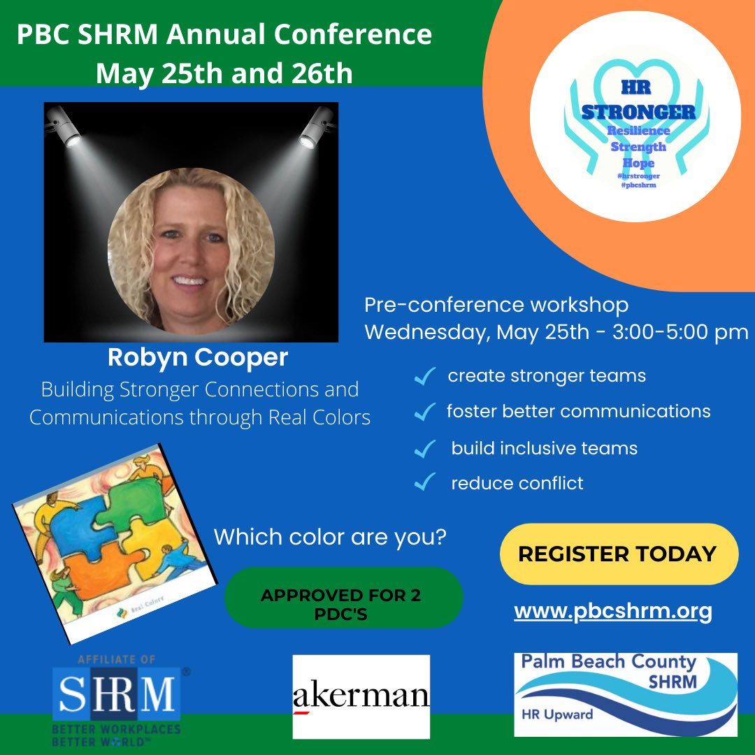pbcshrm's tweet image. Register for our annual conference.  Included is the pre-conference workshop on Real Colors #realcolors %
#networking #pbcshrm #conference