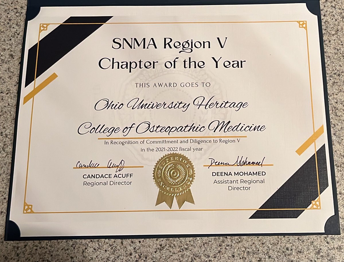 Our certificate of recognition as the SNMA Region V chapter of the year for the 2021-22 fiscal year. Hard work pays off! #DiversifyingTheFaceOfMedicine #SNMA #RegionV #TheEmpire