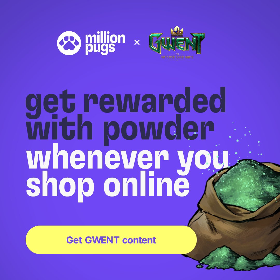 Excited to let you all know about Million Pugs, who have partnered with Gwent, and are sponsoring yours truly!

Just by doing your regular shopping online, you can get Meteorite powder, kegs, and even Shupe himself!

bit.ly/3FwMmOc for more info. Get started today!