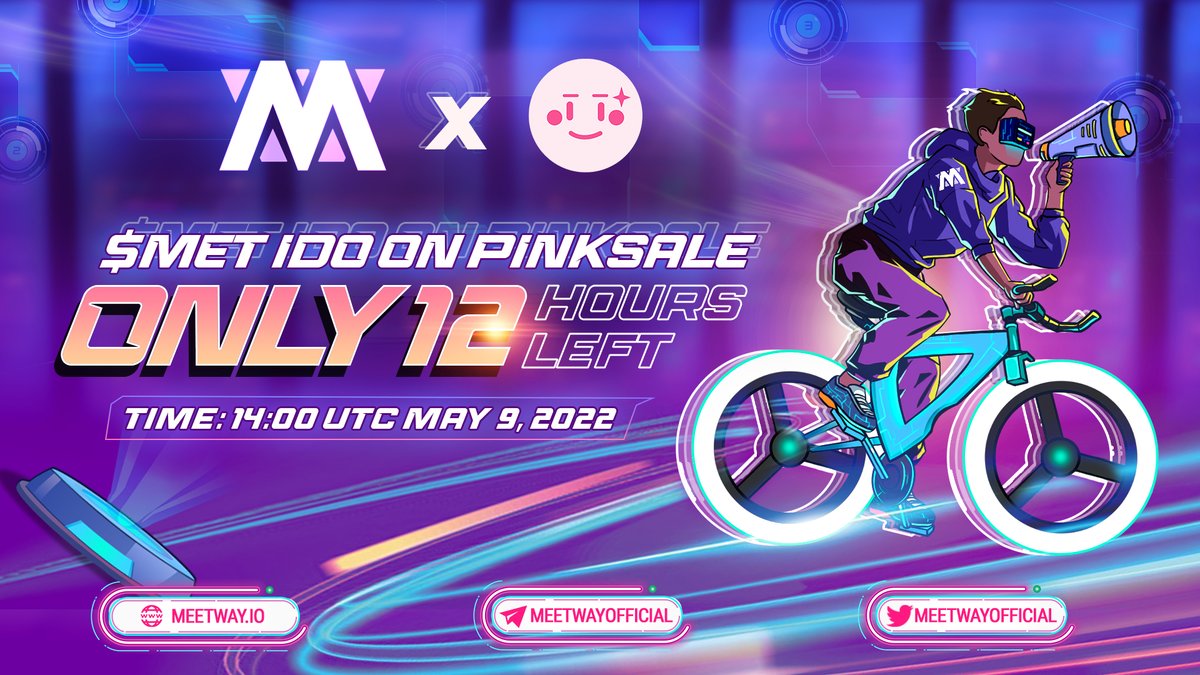 meetwayofficial's tweet photo. ⏰MEETWAY: 12 HOURS UNTIL #IDO EVENT ON PINKSALE⏰⏰
👉 Fairlaunch PinkSale: https://t.co/D6xTAXBvWN
💥 Don’t miss our #IDO!
#MeetWay #Music #SportsNFTs #movetoearn #IDO https://t.co/9yiRcYic5W