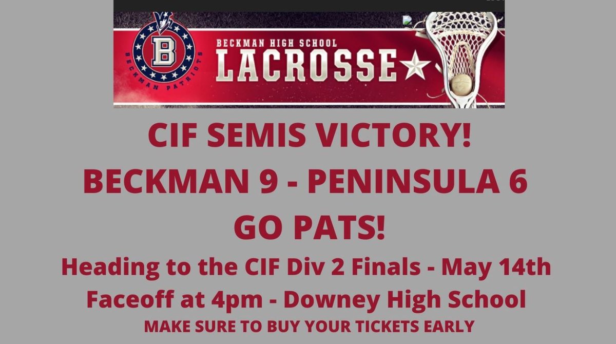 Awesome game today for the <a href="/BeckmanBoysLax/">Beckman Boys Lax</a>
boys with a win over Peninsula High School in the semi-finals. Heading to the CIF D2 Finals this Sat, May 14 at Downey High. #Go Pats! <a href="/BHSADFischel/">Steve Fischel</a> <a href="/beckman_hs/">Beckman High School</a> <a href="/ocvarsity/">ocvarsity</a> <a href="/OCSportsZone/">OC Sports Zone</a>