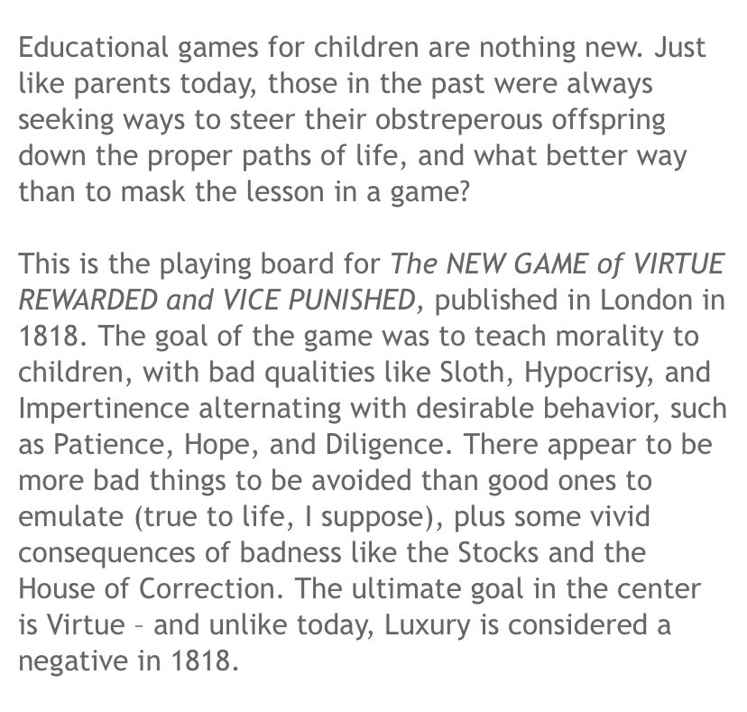 OakieJs's tweet photo. Some thoughts on Board Games🎲 ♟ 

1818 board game - called The New Game of Virtue Rewarded and Vice Punished.  33 spaces.
The aim was teaching morality to children. Luxury was considered to be a Vice in 1818. 

Also, the games of Goose and Snake, in serpentine patterns ~ https://t.co/PuSoJJb6TK