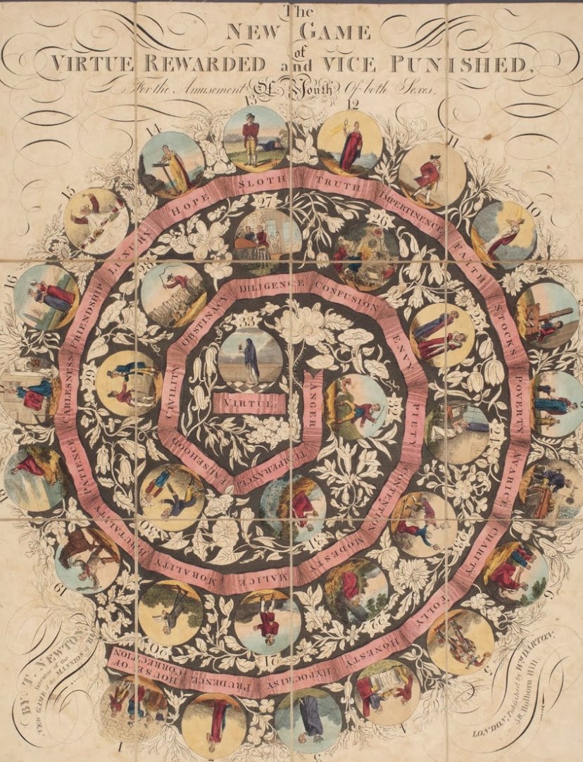 OakieJs's tweet photo. Some thoughts on Board Games🎲 ♟ 

1818 board game - called The New Game of Virtue Rewarded and Vice Punished.  33 spaces.
The aim was teaching morality to children. Luxury was considered to be a Vice in 1818. 

Also, the games of Goose and Snake, in serpentine patterns ~ https://t.co/PuSoJJb6TK