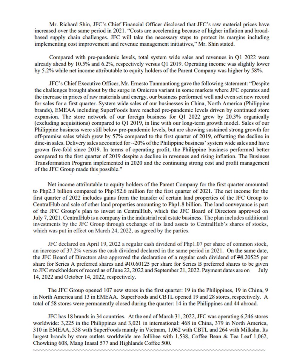 Jollibee Foods Corporation ( $JFC ) announced Php 2.3B net income in Q12022. This is 4500% higher compared to same period last year. Growth is attributed mainly due to higher system wide sales and global network expansion. #stockmarketupdate #phstockmarketnews #StockMarket