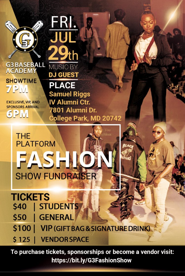 <a href="/G3Baseball/">GrounD BreakerS Baseball Academy</a> Fashion Show Fundraiser 💛 FriDAY, JuLY 29th At the @riggscenter ~ Student Tickets ~ General Tickets ~ VIP Tickets ~ Sponsors ~ Vendors ~ Contact Us Directly ~ Support Our Youth ~ Support Our Young Adults 🖤
Eventbrite Link 
bit.ly/G3FashionShow