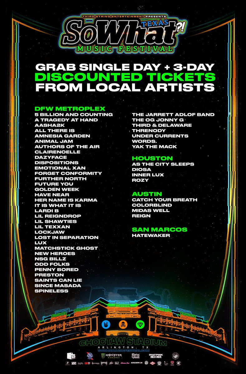 sowhatmusicfest's tweet photo. Here’s a FULL list of Texas local artists you can buy your discounted tickets from.

If you’re on this list, @ reply to this tweet and let people know how to contact you!

🎟 https://t.co/vqbDR3DNky https://t.co/k217CCM11x