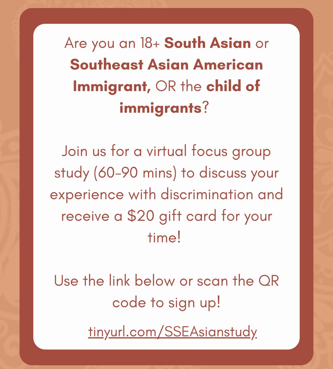 kevinnadal's tweet photo. Attention all South Asian, Southeast Asian, &amp; Filipina/x/o American immigrants or children of immigrants!

Get paid $20 to participate in a virtual focus group! Feel free to spread the word.

https://t.co/ICymZFvBRk https://t.co/dYMHpsUQ9t
