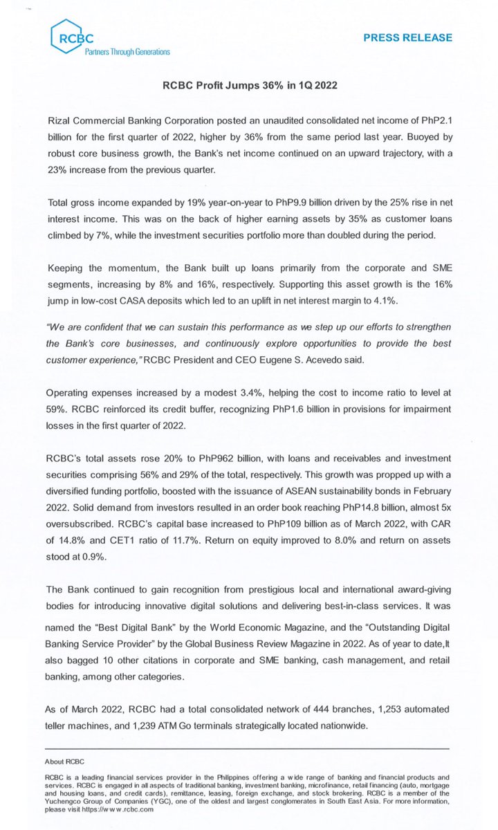 RCBC ( $RCB ) announced in a press release that profits for Q12022 jumps by 36% at Php 2.1B. #stockmarket #stockmarketupdate #phstockmarketnews