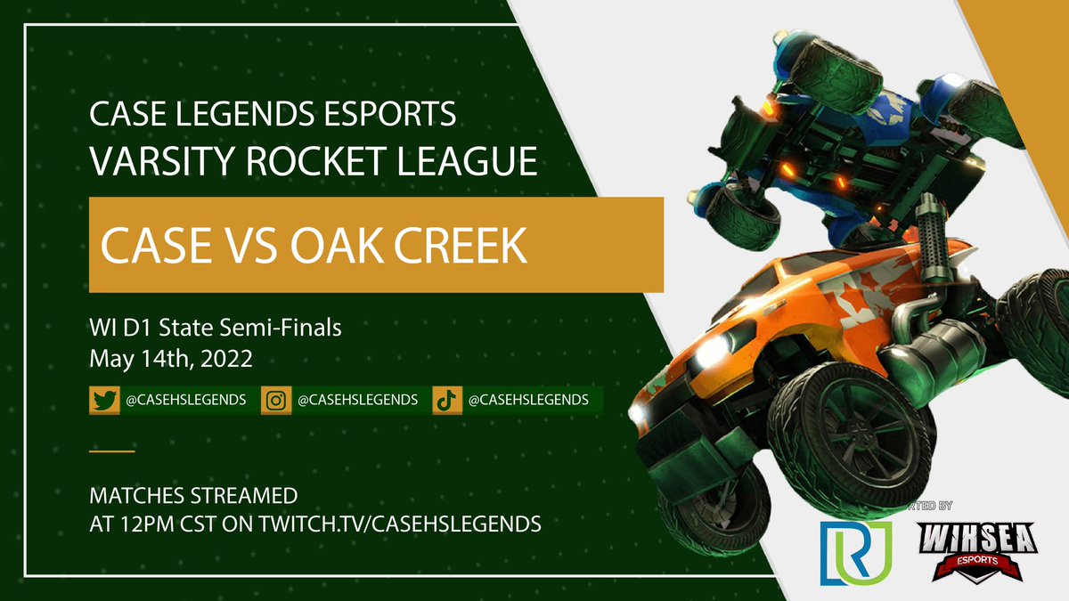 The undefeated Case Legends Varsity will join our Smite team at the WI state tournament vs Oak Creek at noon. Saturday 5/14. Be Legendary! Tune in at twitch.tv/whisea #RocketLeague #eSports #varsity <a href="/casehslegends/">Case Legends Esports</a> <a href="/rusd_esports/">Racine Unified Esports</a> <a href="/RacineUnified/">Racine Unified</a> <a href="/WIHSesports/">Wisconsin High School Esports Association</a> <a href="/THECASEEAGLES/">Case Eagles</a>