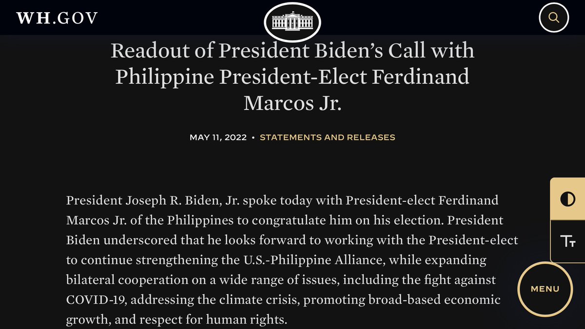 US President Joe Biden called presidential election frontrunner Bongbong Marcos to congratulate him. 

Biden is also looking forward to work with Marcos to continue strengthen the alliance between the two countries. @cnnphilippines