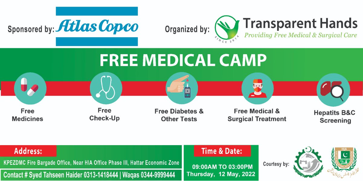 AhsanFayyazKhan's tweet photo. Atlas Copco Pakistan being a social responsible company arranging a Free Medical Camp in Hattar Industrial Estate on May 12, 2022, Send your Factory workers if they need any medical assistance.
#medicalcamp #atlascopco #Transparenthand #healthcare https://t.co/U8MTs9Nqhm