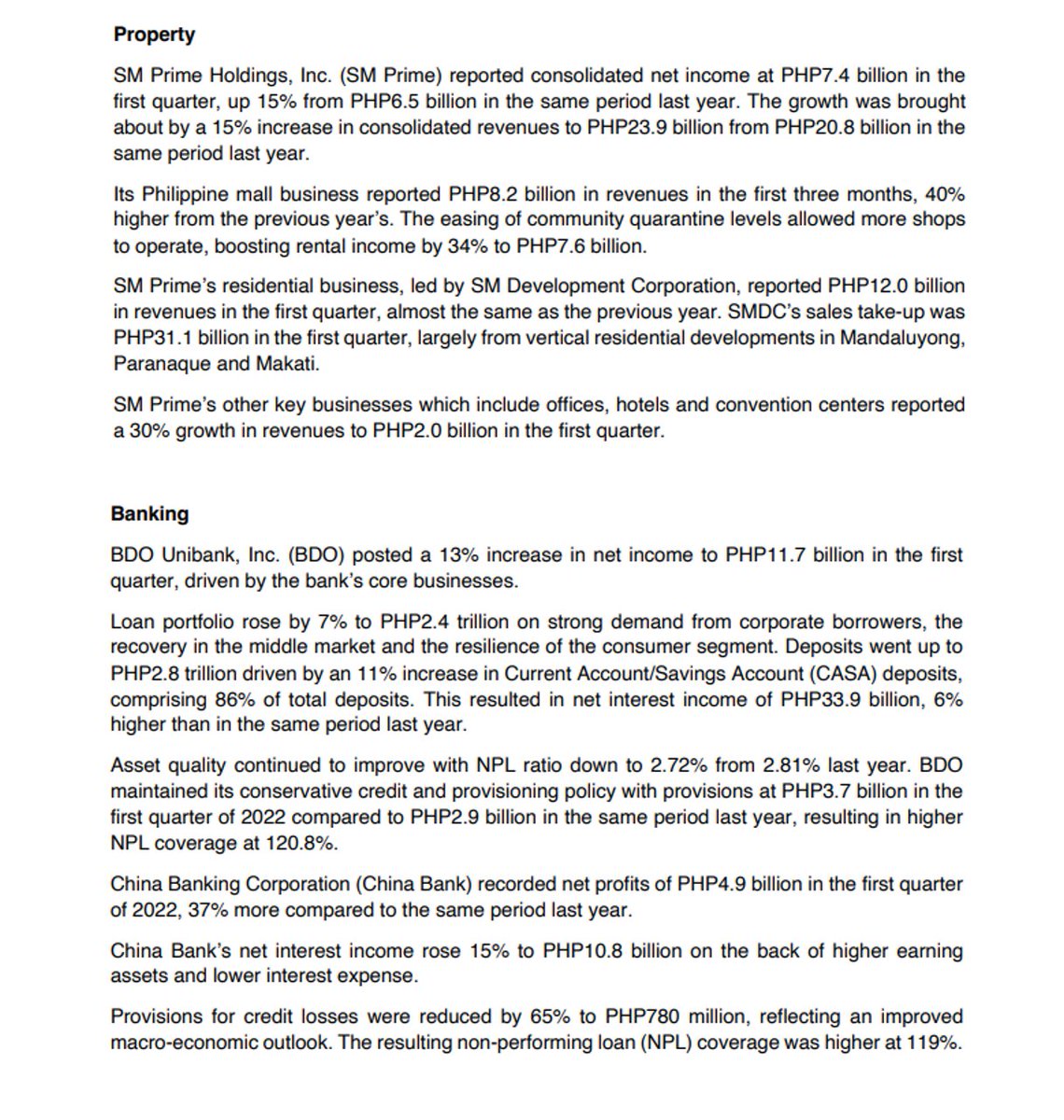 SM Investments (  $SM) reported that its consolidated income grew by 26% in Q12022 driven by higher revenue in its retail, property ( $SMPH ), and banking ( $BDO ) business. #stockmarketupdate #stockmarket #phstockmarketnews
