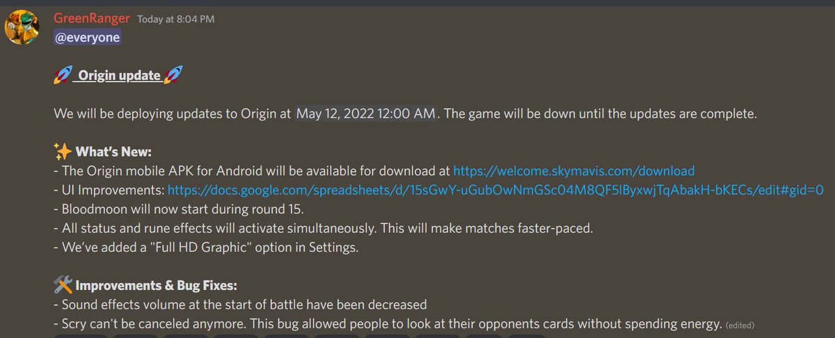 Axie Infinity Origin Android APK out in 4 hours confirmed! Dang the <a href="/AxieInfinity/">Axie Infinity</a> has been working hard! So excited! Now I can play on my Android!

- Blood Moon moved to start in Round 15
- Faster Animations
- Sound effects volumes at the start decreased 😂

#axieorigin