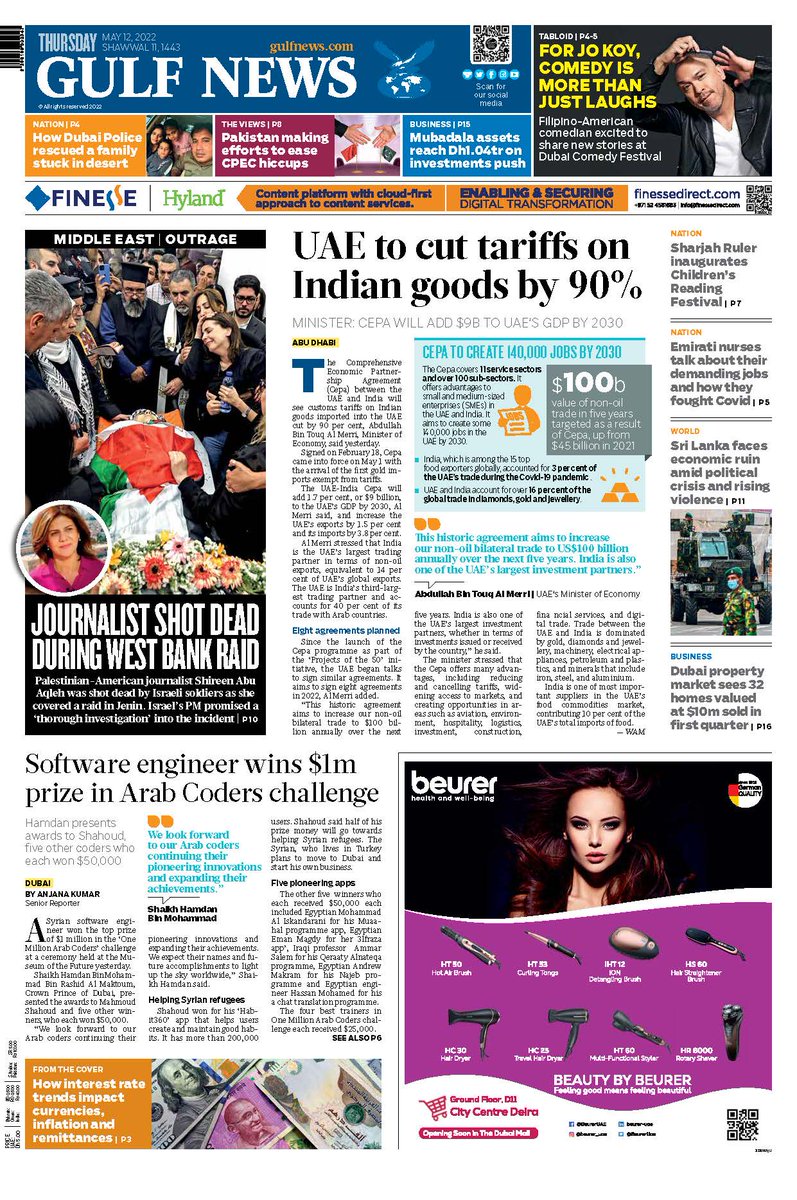 gulf_news's tweet photo. #FrontPage today: #UAE to cut tariffs on #Indian goods by 90%; Software engineer wins $1m prize in #ArabCoders challenge; Journalist shot dead during West Bank raid... For latest news check: https://t.co/LbXKHkXdgH https://t.co/J66XLimqEq