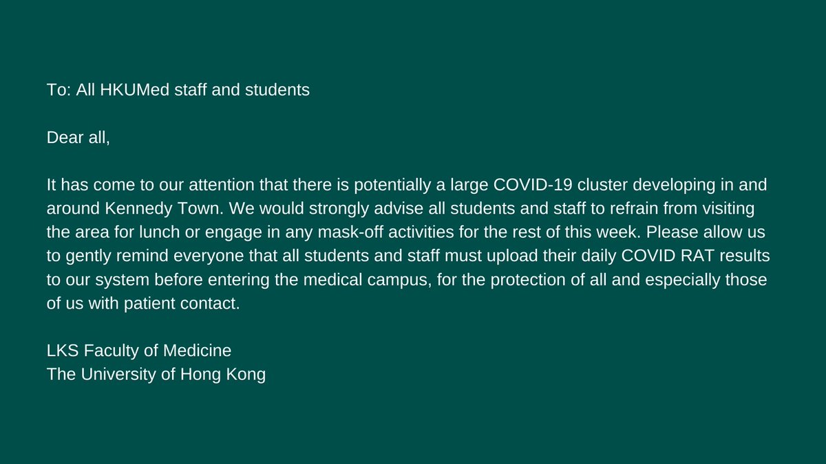 hkumed's tweet photo. To all HKUMed staff and students,

It has come to our attention that there is potentially a large COVID-19 cluster developing in and around Kennedy Town. (1/3) https://t.co/2cWQwKcNBx