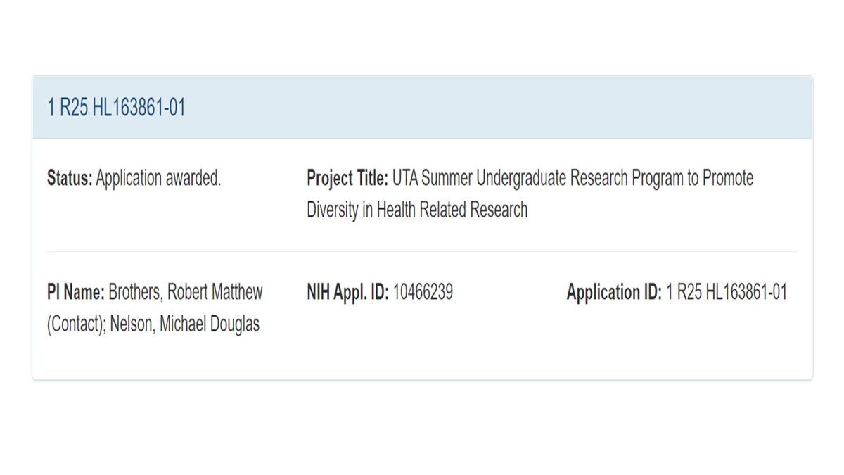 UTA Brothers Integrative Vascular Physiology Lab (@uta_vascularlab) on Twitter photo Excited to get this NOA this week from @nih_nhlbi to provide STEM related research & education experiences to URM undergrads in "Integrative / Cardiovascular Physiology".
Thanks to all involved, especially the research team -  Drs. Mike Nelson, David Keller, and Kenyatta Dawson. Excited to get this NOA this week from @nih_nhlbi to provide STEM related research & education experiences to URM undergrads in "Integrative / Cardiovascular Physiology".
Thanks to all involved, especially the research team -  Drs. Mike Nelson, David Keller, and Kenyatta Dawson.