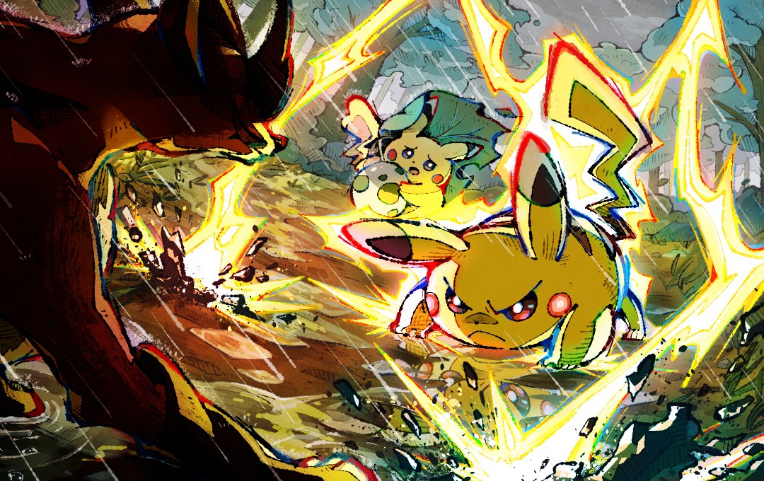 pikachu pokemon (creature) rain no humans electricity outdoors holding lightning  illustration images