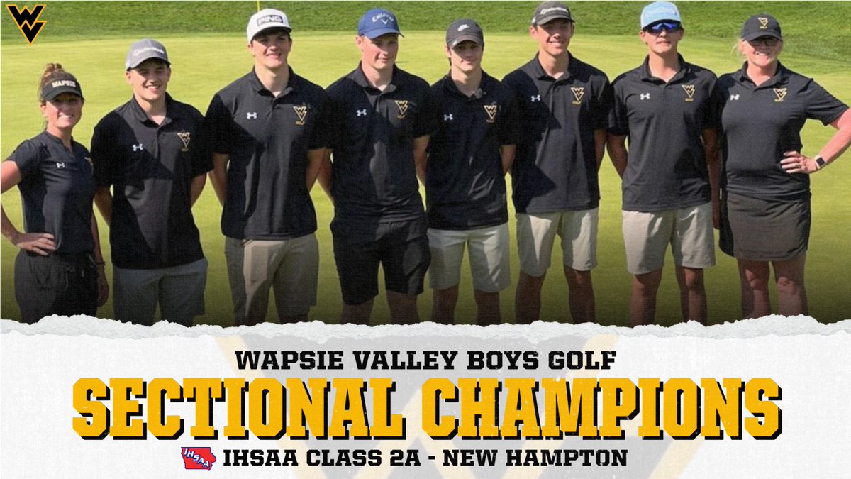 WapsieAthletics's tweet photo. Final | 2A Boys Golf Sectional @ New Hampton
Wapsie Valley - 341 (1st)
Sectional Champs! The Warrior boys golfers ran the course to a 1st place finish, Brody Blaylock earned 2nd place medalist and... they will play for state at districts!
#Wapsie #WVGolf #WarriorPride #iahsgolf https://t.co/IGuORLjjGe