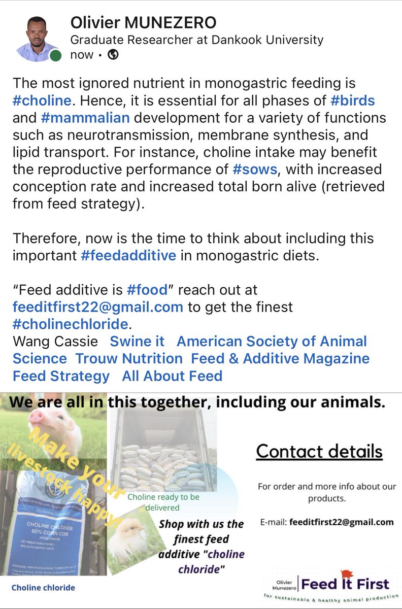 Olivier_Mu's tweet photo. This product is critical for your animal's optimal performance. #Cholinechloride #Feeditfirst https://t.co/TVDFSf7YUE