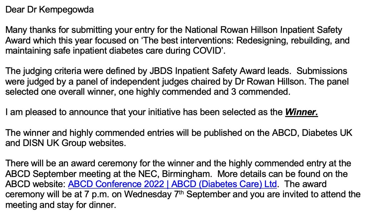 Punith Kempegowda (@drpunith) on Twitter photo Thank you <a href="/ABCDiab/">ABCD Diabetes</a> & <a href="/JBDSIP/">Joint British Diabetes Societies – Inpatient Care</a> for the award. 🙏 Although it's addressed to me, the laurel goes to the entire #DEKODE team. 🙌
<a href="/UHBDiabetes/">UHB Diabetes</a> <a href="/uhbtrust/">University Hospitals Birmingham</a> @IMSR_UoB <a href="/BHPComms/">Birmingham Health Partners</a> Thank you <a href="/ABCDiab/">ABCD Diabetes</a> & <a href="/JBDSIP/">Joint British Diabetes Societies – Inpatient Care</a> for the award. 🙏 Although it's addressed to me, the laurel goes to the entire #DEKODE team. 🙌
<a href="/UHBDiabetes/">UHB Diabetes</a> <a href="/uhbtrust/">University Hospitals Birmingham</a> @IMSR_UoB <a href="/BHPComms/">Birmingham Health Partners</a>