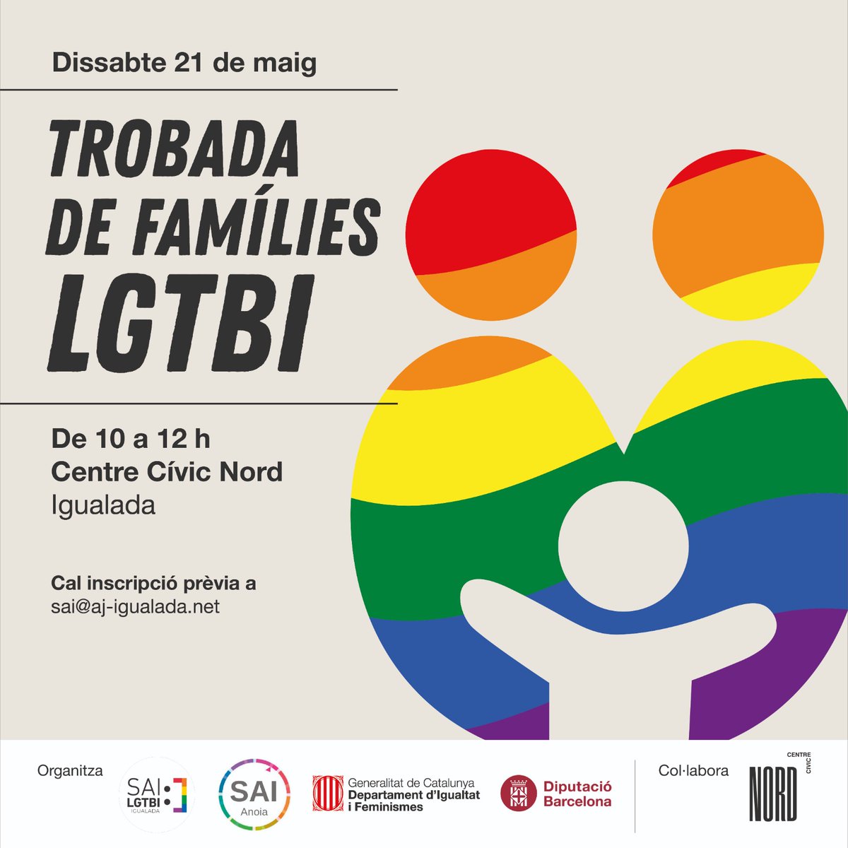 micod_cat's tweet photo. #17M 🌈 Sou una família LGTBI i voleu conèixer-ne d’altres com la vostra? Voleu participar d’un espai de trobada i compartir dubtes?
🗓️Ds. 21 de maig, de 10 a 12h
📍Centre Cívic Nord.
✍️Cal inscripció prèvia a sai@aj-igualada.net
En acabar hi haurà pica-pica.
#TransformaLaMirada https://t.co/TAES8rL4kG