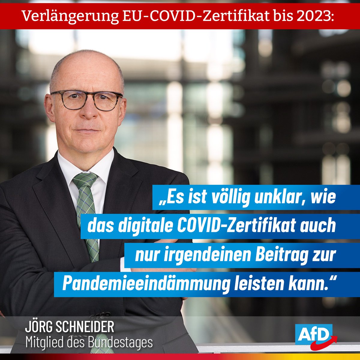 Das digitale EU-COVID-Zertifikat ist ein Angriff auf die #Freiheit! Völlig unklar, wie es auch nur irgendeinen Beitrag zur Pandemieeindämmung leisten kann.
Sowohl Geimpfte als auch Ungeimpfte sind bekannterweise mit dem Corona-Virus infizierbar. (...) facebook.com/JoergSchneider… #AfD