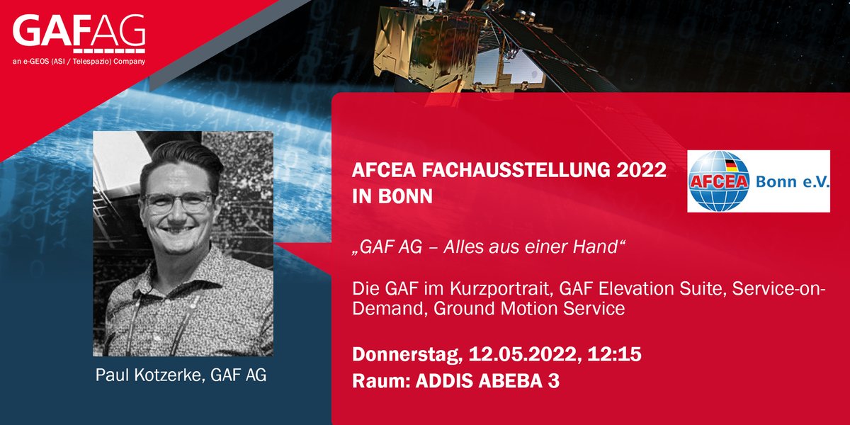 GAF_Munich's tweet photo. Today, Paul Kotzerke will present @GAF_Munich at 12:15 CET at #AFCEA2022 in Bonn, room ADDIS ABEBA 3! Stay tuned for the full power of #digital #ElevationModels, #GroundMotion service & more https://t.co/wqPuJmgepR https://t.co/10iuh1NGve