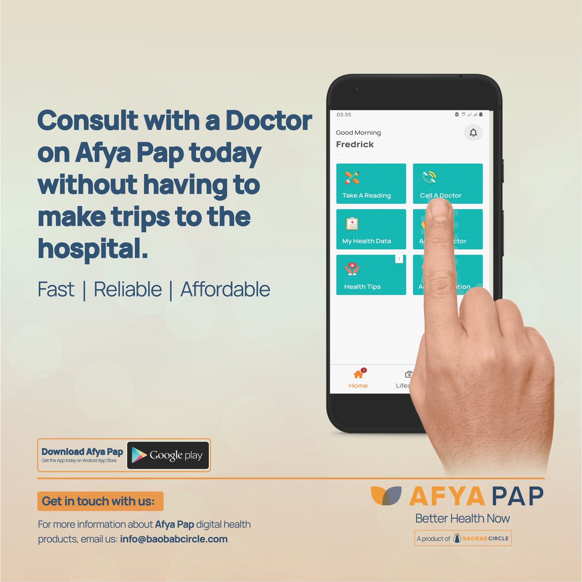 Afya_Pap's tweet photo. Download Afya Pap from Google Play Store to try this out. You get 14 days free!
https://t.co/Ig4YOixGWm
#afyapap #remotepatientmonitoring #calladoctor #freeconsultation https://t.co/8nBfNqogy4