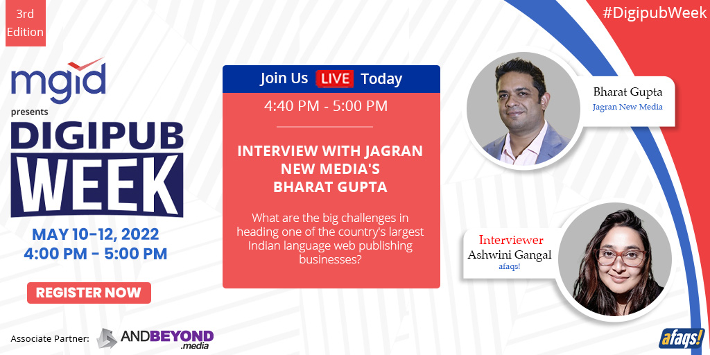 afaqs's tweet photo. #DigipubWeek: And right after the panel discussion, we have an exclusive 20-minute #LIVE #interview today at 4:40 P.M. with @JagranNewMedia's @bharatgupta76.
JOIN: https://t.co/9E7prZSnd5
#event | #conference | #webinar | #publishers | #advertising | #marketing @writerashwini https://t.co/5c0R0Ycxgn