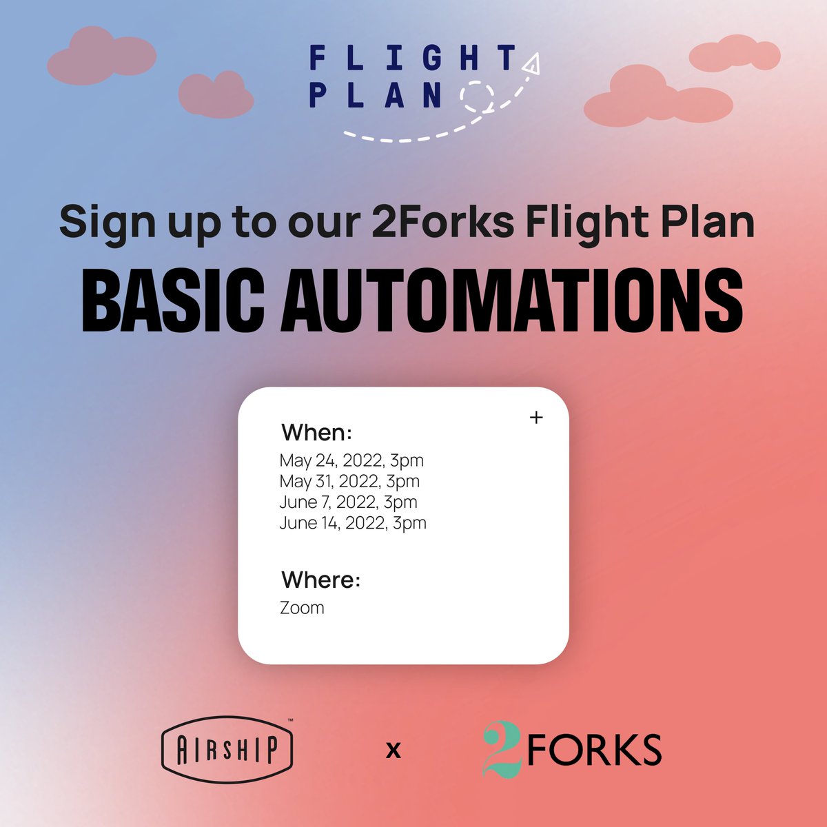 AirshipTeam's tweet photo. We have linked up with 2Forks to launch our latest Flight Plan: ‘Basic Automations’. Annica Wainwright will be leading a weekly session for four weeks, that guides you through setting up email journeys, and how they can help maximise footfall through minimal workload. 🙌 https://t.co/u1Eyd9fgSq